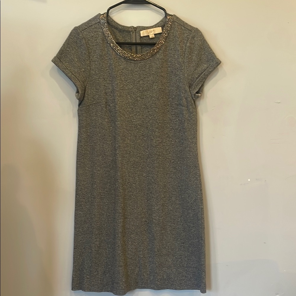 Gray Short Sleeve Dress with bedazzled neck  by loft size small